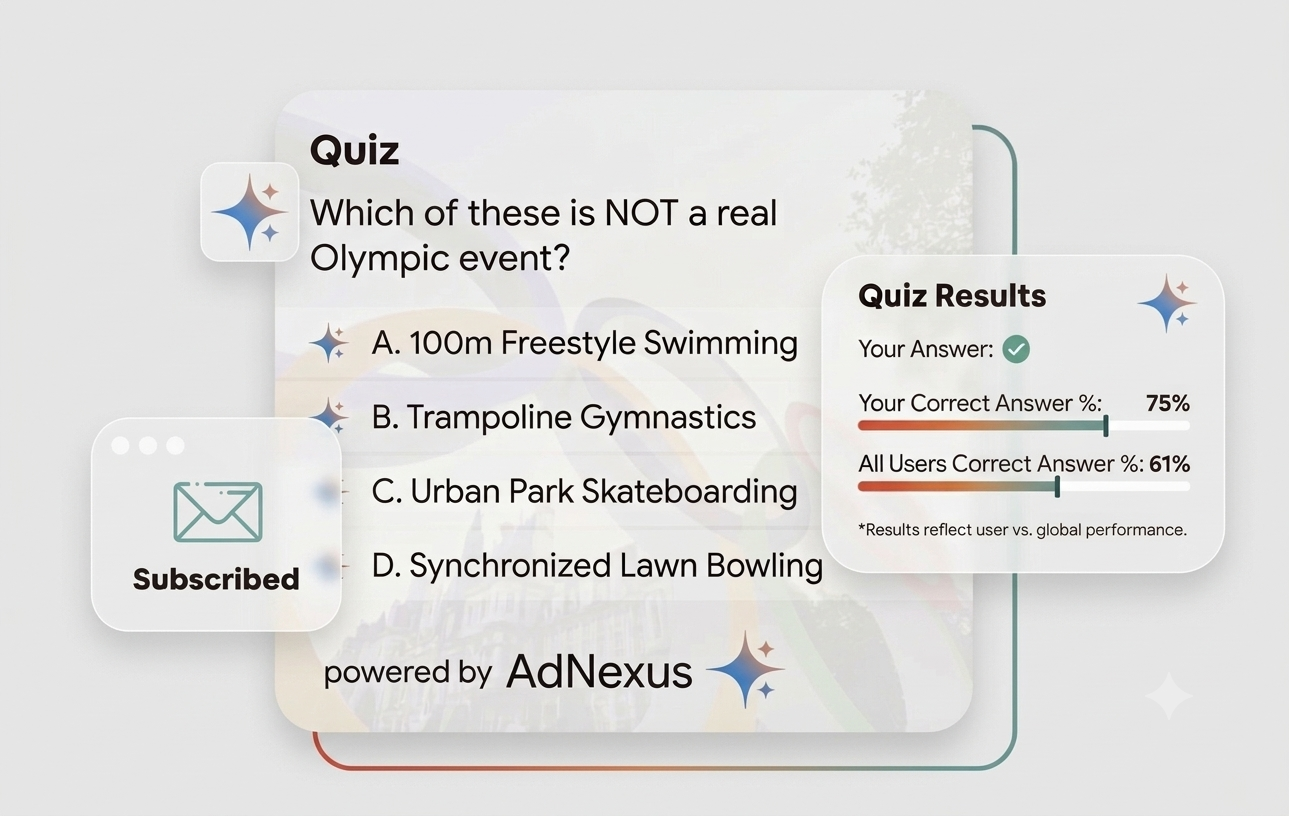 Quiz preview, results screen, and subscription confirmation, powered by AdNexus